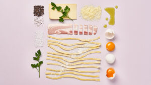 Knolling style of Carbonara pasta